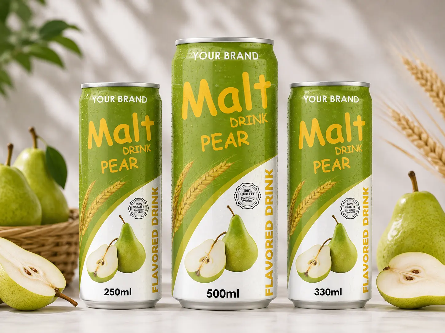 MALT DRINK Pear flavour in 250ml, 330ml and 500ml cans.